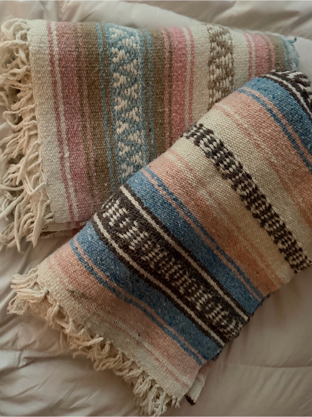Vintage 100% Cotton Mexican Striped Blanket ~ baby pink, blue, cream, brown
